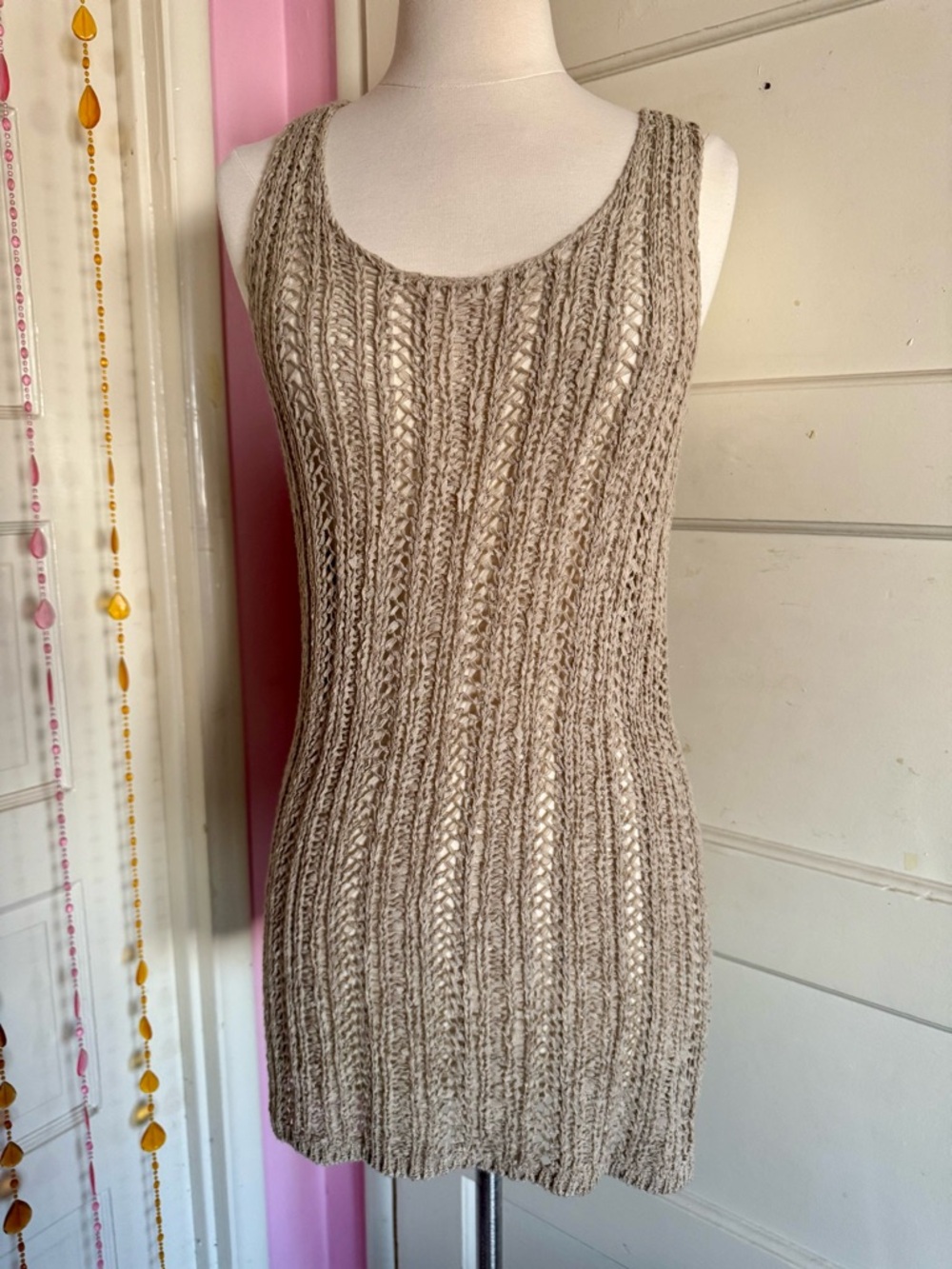 Olivia Sky Beige Open Knit Crochet Tank Top L Longline Boho